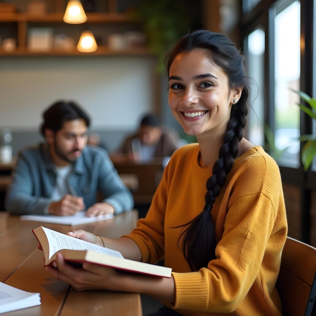 Smiling University Student Holding Textbook with Classmates in Background